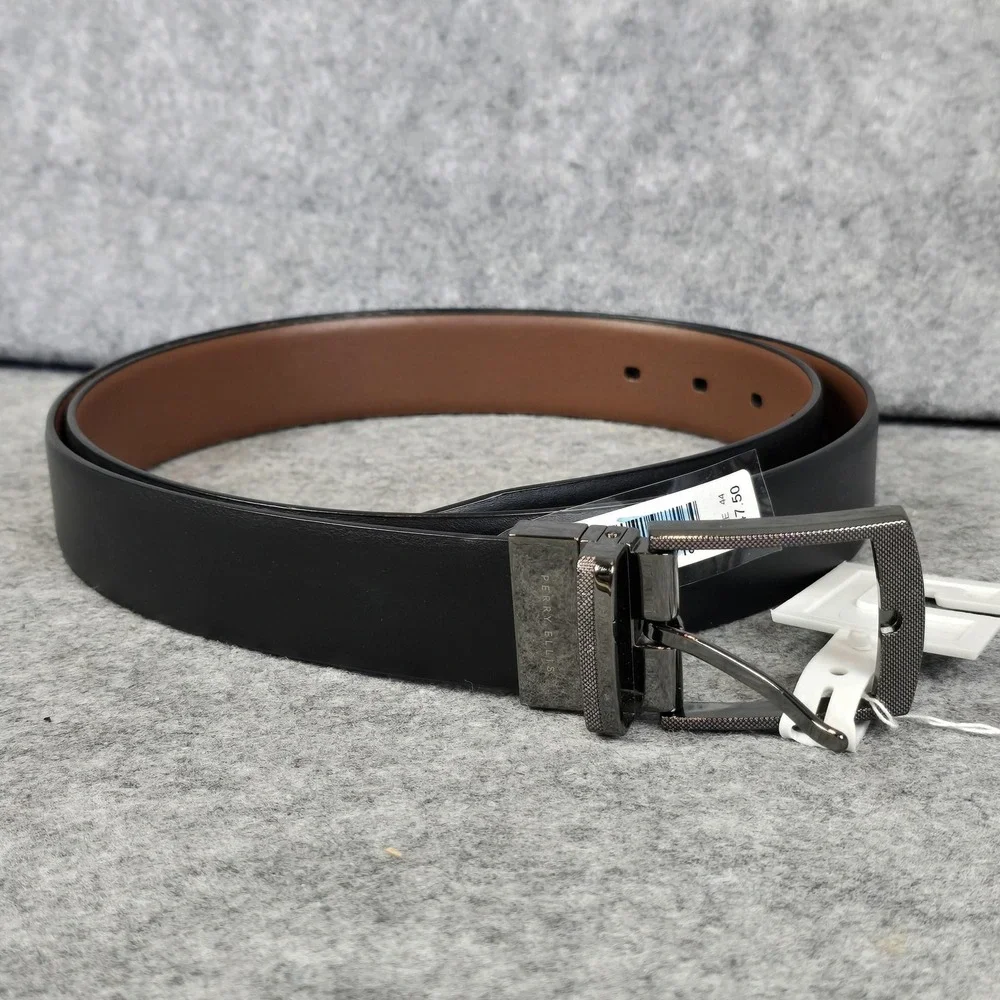 Perry‎ Ellis Belt Mens 44 Black Brown Reversible Faux Leather Dress Buckle